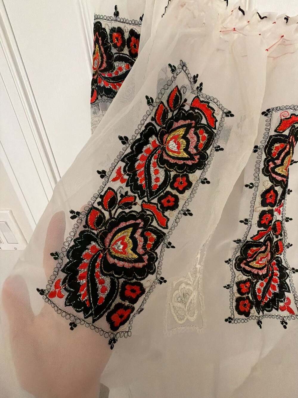 Vintage Sheer Embroidered Peasant Blouse White Floral Folk Style - Picture 3 of 11